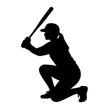 Kadın beysbol topunun siyah silueti ya da beyzbol oyuncusu duruşu. Şapka takıyor ve saçlarını arkaya çekiyor. Oyuncu tek dizinin üzerinde, iki eliyle beyzbol sopası tutuyor, sallanmaya hazır. Görüntü beyaz bir sırt üzerinde izole edilmiştir.