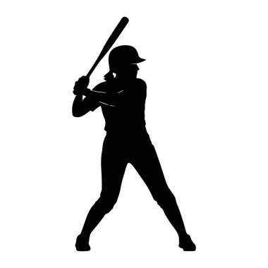 Vuruş pozisyonunda bir bayan beyzbol oyuncusunun siyah silüeti. O bir kask ve üniforma giyiyor, beyzbol sopası tutuyor sallanmaya hazırlanıyor. Beyaz arka planda izole edilmiş olan figür, hareket ve atletizm duygusunu aktarıyor.