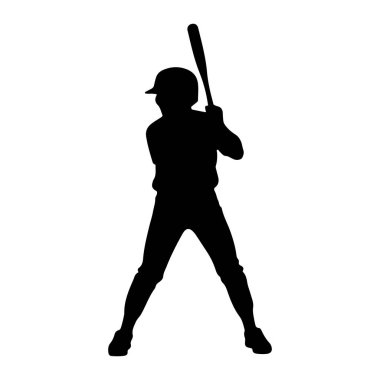 Üniformalı ve kasklı siyah bir beyzbol oyuncusunun silueti beyzbol sopasıyla vuruş pozisyonunda duruyor. Oyuncunun bacakları ayrılır ve sopa omzunun üstünden tutulur, sallanmaya hazırdır. Arkaplan düz beyaz.