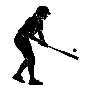 Bir kadın beyzbol topunun ya da üniformalı bir softball oyuncusunun miğfer ve şapka takan siyah silueti, sopayla sallanırken yakalanır. Havada bir top görünüyor, vurulabilecek pozisyonda. Oyuncu atletik bir duruşa sahip, bacakları bükülmüş ve vücudu dönük.