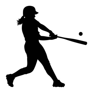 Siyah siluet bir kadın beysbol topu ya da sopa sallarken beyzbol sopası tutan ve topa vurmak üzere olan bir softball oyuncusu. Kask takıyor ve saçı at kuyruğu. Görüntü, beyaz arkaplana karşı katıksız siyah beyaz bir grafiktir.