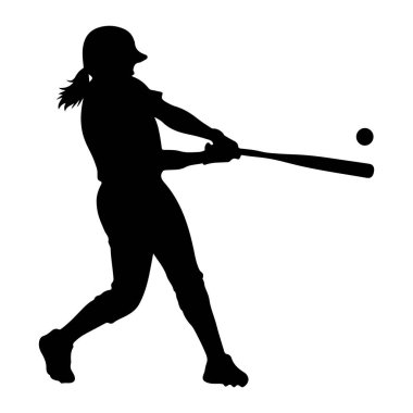 Vuruş pozisyonu almış, beyzbol sopasıyla topa vuran siyah bir atlet silueti. Kask takıyor ve saçı at kuyruğu. Top havadayken, vurulduktan hemen sonra. Görüntü beyaz arkaplana karşı bir siluet, 