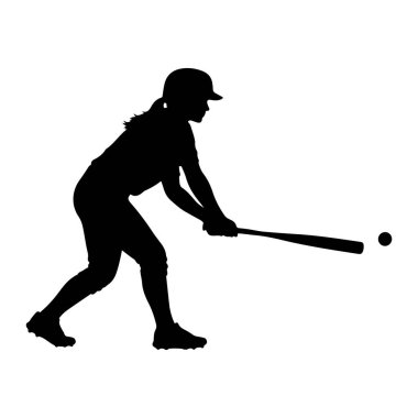 Salıncağın ortasında elinde sopayla topa bakan kadın bir softball oyuncusunun siyah silueti. Vücudu dinamik atletik bir duruşa sahip bir kask, şapka ve krampon takıyor. Arkaplan düz beyaz.