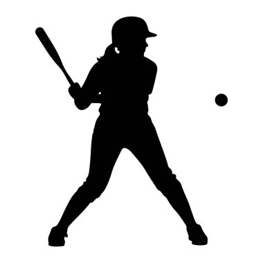 Bir kadın beyzbol topunun siyah silueti ya da beysbol oyuncusu sopayı tutuyor ve topa vurmaya hazırlanıyor. Oyuncu kask ve üniforma giyiyor. Top vurucunun sağında havada tasvir edilir. Arka plan... 