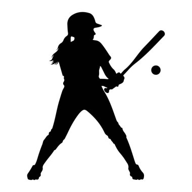 Vuruş pozisyonu almış, sopasını topa sallayan bir kadın softball oyuncusunun siyah silueti. O bir kask ve üniforma giyiyor. Resim beyaz bir arkaplanda izole edilmiştir.