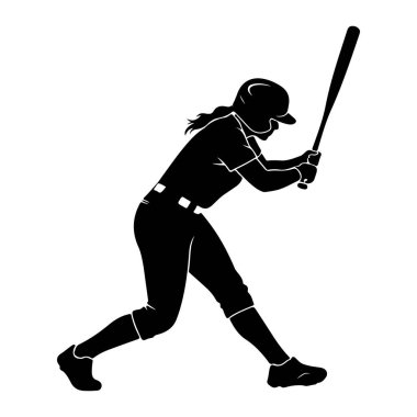 Kadın beysbol topunun siyah silueti ya da salıncakta sallanan bir softball oyuncusu. Kask, üniforma ve krampon takıyor, iki eliyle sopa tutuyor. Vücudu açılı, salıncağın hareketini gösteriyor..