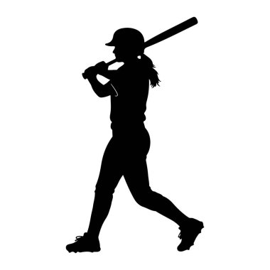 Beyzbol forması giyen, kask takan, beyzbol sopası sallayan siyah bir atlet silueti. Vücudu hareket ediyor, bir bacağı öne doğru uzanıyor ve diğeri eğiliyor. Sopa yatay olarak tutulur ve vurmaya hazırdır. Arka plan çok açık.