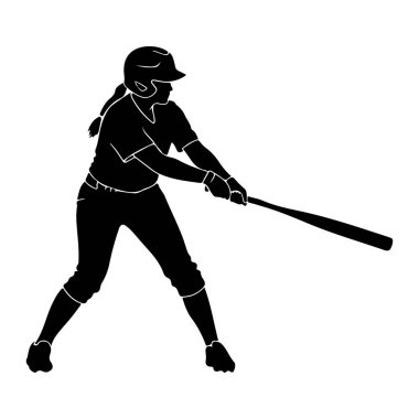 Vuruş pozisyonu almış, elinde sopa tutan ve sallanıyor gibi görünen bir kadın beyzbol oyuncusunun siyah silueti. O bir kask ve üniforma giyiyor. Görüntü sporun basit, grafik bir temsilidir..