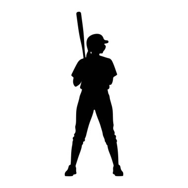 Beyzbol üniformalı, kask takan ve sopa tutan siyah bir siluet. Şekil vuruş pozisyonunda duruyor, yüzünü seyirciye çevirmiş, bacakları açık ve yarasa omuzlarının üzerinde duruyor. Siluet izole edilmiş.