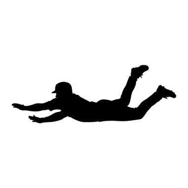 Havada dalmış ya da düşmüş gibi görünen siyah bir siluet. Kep ve atletik giysiler giyen figür, kolları öne doğru açılmış ve bacakları geriye doğru açılmış, bu da dinamik bir hareket veya eyleme işaret ediyor. Siluet izole edilmiş.