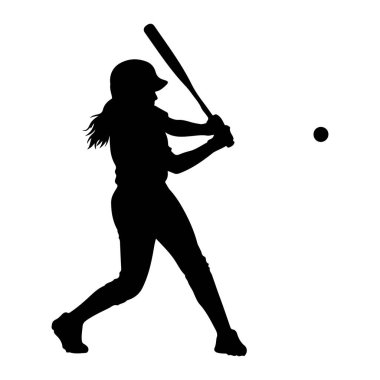 Beyzbol sopasıyla salıncakta sallanan siyah bir bayan atlet silueti, küçük siyah bir topa vurmak üzere. O bir kask ve atletik giysi giyiyor, saçları arkasında akıyor. Arka plan bembeyaz, dinamik hareketi vurguluyor.