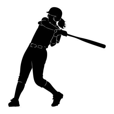 Hareket halindeki bir kadın atletin silüeti, beyzbol sopası sallıyor. O bir kask ve kemerli bir üniforma giyiyor. Topla temas ederken vücudu açılı, bacakları bükük ve kolları açık. Görüntü simsiyah ve... 