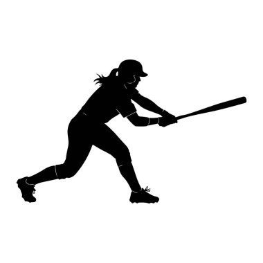 Beyzbol sopasıyla sallanan siyah bir bayan atlet silueti. Üniforma, kep ve eldiven giyiyor. Saçları at kuyruklu. Vücudu topa vuracak pozisyonda, bacakları bükük ve kolları açık. Görüntü çok kötü.