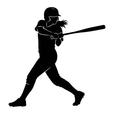 Hareket halindeki bir kadın atletin silüeti, beyzbol sopası sallıyor. Miğfer ve üniforma giyiyor, at kuyruğu arkasında. Duruşu bir maç sırasında topa vurma sürecinde olduğunu gösteriyor. Görüntü simsiyah.