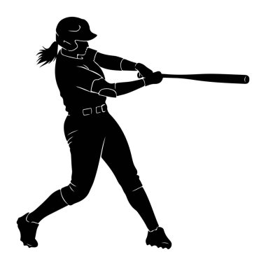 Beyzbol sopasıyla sallanan siyah bir bayan atlet silueti. Miğfer, üniforma ve kramponlar giyiyor, vücudu açılı ve kolları görünmeyen bir topa bağlanmak için açık. Görüntü, atletik hareketin dinamik bir anını yakalıyor..