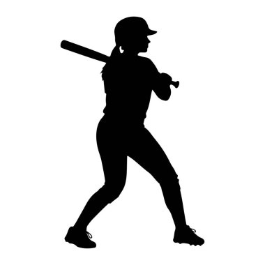 Elinde sopayla vuruşan kadın bir beyzbol oyuncusunun siyah silueti. Kask ve üniforma giyiyor. Vücudu sallanmaya hazır. Resim beyaz bir arkaplanda izole edilmiştir.