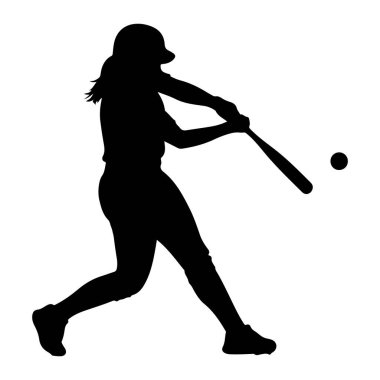 Siyah bir beyzbol oyuncusu silueti, salıncakta sallanan, kask takan ve üniforma giyen. Elinde beyzbol sopası var. Yakındaki bir topa vurmaya hazırlanıyor. Görüntü siyah beyaz, sporun dinamik hareketini vurguluyor..