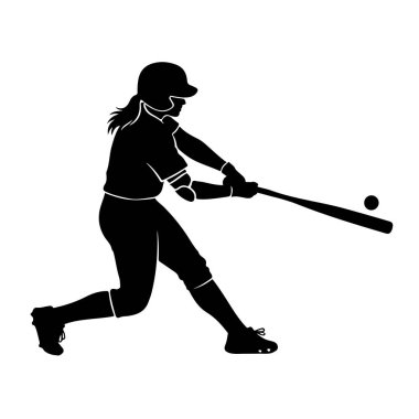 Salıncağın ortasında elinde sopayla topa vurmak üzere olan bir kadın beyzbol oyuncusunun silüeti. Vücudu dinamik ve atletik bir duruşla kask ve üniforma giyiyor. Resim beyaz bir arkaplanda izole edilmiştir.