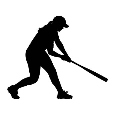 Beyaz arka planda salıncakta sallanan siyah bir bayan beyzbol oyuncusunun silüeti. Saçları at kuyruklu, kep ve üniforma giyiyor. Vücudu açılı, bir bacağı önde ve bükük ve iki eliyle bir beyzbol sopası tutuyor.