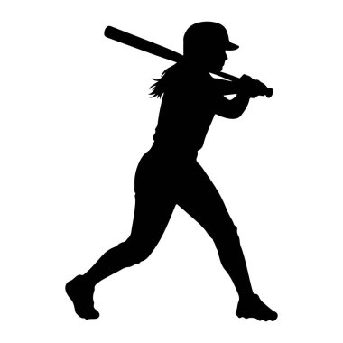Salıncağın ortasında siyah bir kadın beyzbol oyuncusunun silüeti. Bir kask ve üniforma giyiyor, vücudu bir beyzbol sopasıyla topa vuracak şekilde konumlandırılmış. Duruşu atletik ve dinamik, hareket ve odaklanma hissi veriyor. Görüntü temiz silo.