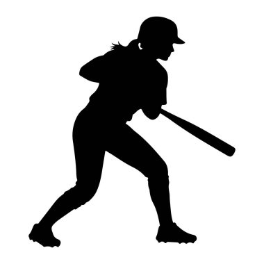 Salıncağın ortasında siyah bir kadın beyzbol oyuncusunun silüeti. Miğfer ve üniforma giyiyor, vücudu açılı ve yarasa hazır. Görüntü, atletin dinamik hareketini vurgulayan beyaz bir arkaplanda izole edilmiştir..