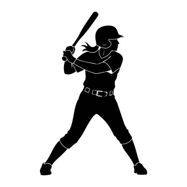 Vuruş pozisyonunda bir bayan softball oyuncusunun siyah silueti. Kask takıyor, üniforma giyiyor ve elinde beyzbol sopası tutuyor. Vücudu yana döndü, sallanmaya hazır. Arkaplan beyaz.