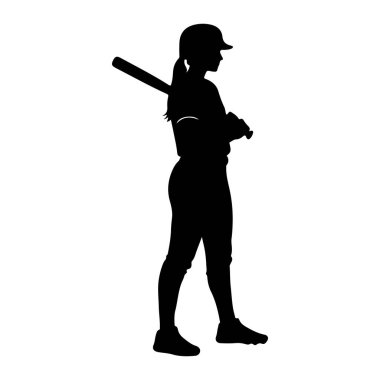 Dişi bir softball oyuncusunun siyah silueti sağa dönük duruyor, göğsünde bir beyzbol sopası tutuyor. Miğfer ve üniforma giyiyor. Saçları at kuyruğu şeklinde. Resim beyaz bir arkaplanda izole edilmiştir.