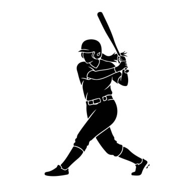 Salıncakta sallanan bir bayan softball oyuncusunun siyah silueti. O bir kask ve üniforma giyiyor, iki eliyle bir sopa tutuyor, ve vücudu topa vurmaya hazırlanırken dinamik bir şekilde konumlandırılmış. Görüntü net, grafik bir şekilde sunuluyor.