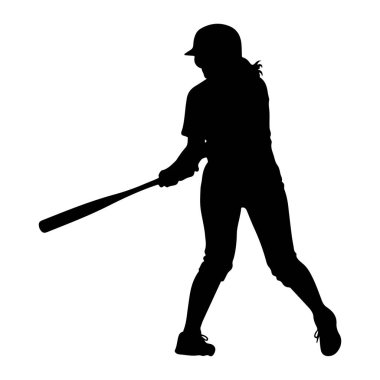 Beyzbol kaskı ve üniforması olan siyah bir siluet, beyzbol sopasıyla sallanırken yakalandı. Şekil dinamik bir duruşta konumlandırılmış, atletik hareket izlenimi veriyor ve oyuna odaklanıyor. Siluet düz bir çizgiye göre ayarlanmış.