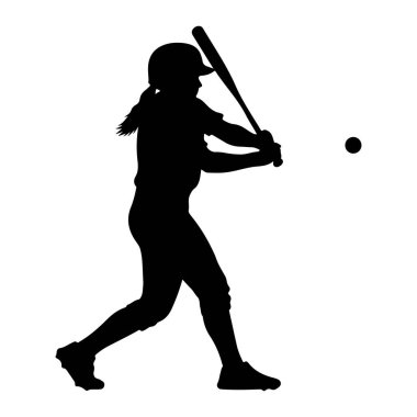 Elinde sopayla sallanan kadın bir beyzbol oyuncusunun siyah silueti. Kask takıyor ve at kuyruğu görünüyor. Havada sağında bir beyzbol topu var. Arkaplan düz beyaz.
