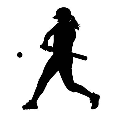 Beyzbol üniformalı, kask takan ve sopa sallayan siyah bir siluet. Yarasanın yanında havada bir beyzbol topu görülebilir. Şekil dinamik bir poz veriyor, bu da oyun sırasında bir aksiyon sahnesi olduğunu gösteriyor. Arkaplan düz beyaz.