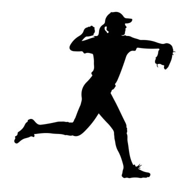 Atışın ortasında bir bayan beyzbol atıcısının siyah silueti. Şapka ve üniforma giyiyor. Eline de eldiven takmış. Vücudu hareket halinde, bir bacağı öne doğru uzanıyor ve kolu da topu atma sürecinde. Taşralı.