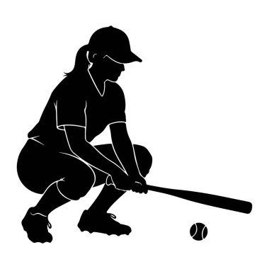Üniformalı, kep ve krampon takan kadın bir softball oyuncusunun siyah silueti elinde beyzbol sopasıyla çömeldi. Bir softball topu onun önünde yerde yatıyor. Resim, beyaz arkaplana karşı bir grafik çizimi.