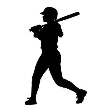 Salıncakta sallanan bir bayan softball oyuncusunun siyah silueti. Şapka ve üniforma giyiyor, elinde beyzbol sopası var. Vücudu dinamik olarak konumlandırılmış. Bu da oyunda aktif bir an olduğunu gösteriyor. Arkaplan düz beyaz.