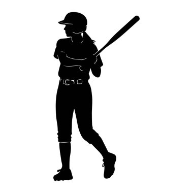 Üniformalı, kask takan ve sopa tutan bir bayan softball oyuncusunun siyah silueti salıncağın ortasında yakalandı. Oyuncunun duruşu dinamiktir, bir bacağı ileri ve sopası geniştir, bu da oyunda ya da antrenmanda aksiyon dolu bir an olduğunu gösterir..