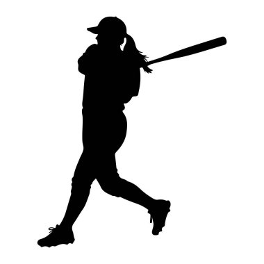 Beyzbol üniformalı, şapkalı ve at kuyruklu bir kadının siyah silueti, beysbol sopasıyla sallanırken yakalandı. Vücudu hareket ediyor, bu da bir atletik hareketi gösteriyor. Arkaplan düz beyaz.