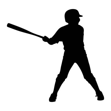 Üniformalı, kask takan siyah bir beyzbol oyuncusunun silueti, beyzbol sopasıyla sallanırken yakalandı. Oyuncunun duruşu geniş, bacakları ayrık ve sopa ileri doğru uzanıyor. Bu da oyunda aktif bir an olduğunu gösteriyor. Arka plan sade. 