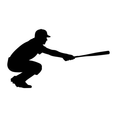 Beyzbol tutucusunun siyah silueti eğilmiş bir pozisyonda, yatay olarak beyzbol sopasını tutuyor, sallanmaya hazır. Oyuncu bir şapka takıyor ve oyuna odaklanmış görünüyor. Arka plan bembeyaz..