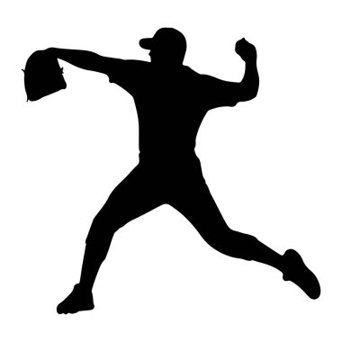 Beyazların arka planında bir beyzbol atıcısının siyah silüeti. Sürahinin bir elinde eldiven, diğerinde de topu atmak için uzatılmış bir kep ve üniforması var. Poz, atletik hareketin dinamik bir anını yakalıyor.