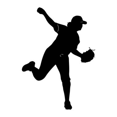 Atışın ortasında bir kadın beyzbol atıcısının siyah silueti. Şapka, üniforma ve eldiven giyiyor. Vücudu dinamik bir pozisyonda, bir bacağı açık ve topu atmak için kolu havada. Arkaplan düz beyaz.