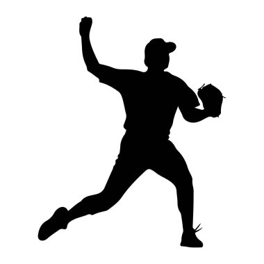 Beyazların arka planında bir beyzbol atıcısının siyah silüeti. Sürahinin bir elinde eldiven, diğerinde de fırlatma hareketi olan bir kep ve üniforması var. Duruş atışın dinamik hareketini yakalar.