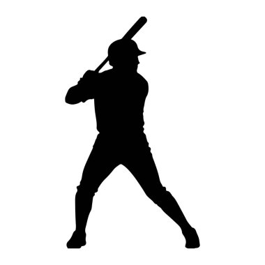 Beyzbol oyuncusunun siyah bir silueti beyaz arka planda vuruşla tasvir edilir. Oyuncu bir şapka takıyor ve vurmaya hazır bir beyzbol sopası tutuyor. Duruş eğik dizleri ve odaklanmış duruşu gösteriyor. Bu da harekete hazır olduğunu gösteriyor.