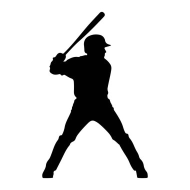 Beyzbol oyuncusunun silueti, sopayı omuzlarının üzerinde sallanmaya hazır bir şekilde tutuyor. Oyuncu kask ve üniforma giyiyor. Arkaplan beyaz.
