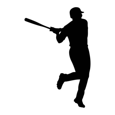 Beyazların arka planında sallanan bir beyzbol oyuncusunun siyah silueti. Oyuncu beyzbol sopası uzatılmış bir şapka ve üniforma giyiyor. Poz sporun hareketli bir anını yakalıyor..