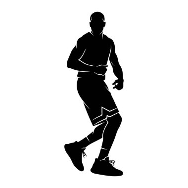 Beyaz arka planda, belden aşağısı hareketli bir erkek atletin siyah silüeti gösteriliyor. Bu figür atletik şort ve spor ayakkabı giyiyor, basketbol gibi bir sporu çağrıştırıyor. Poz hareketi gösteriyor, muhtemelen koşuyor.