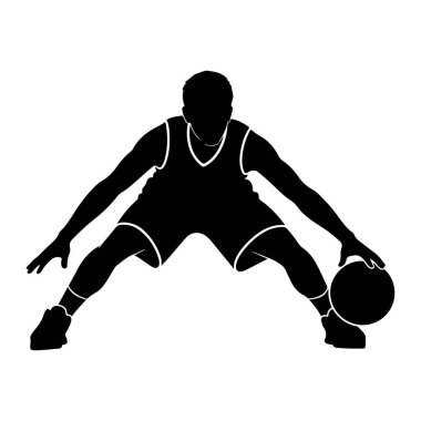 Bir basketbol oyuncusunun silueti hareket halinde, top sürüyor. Oyuncu şort ve kolsuz bir forma giyiyor. Bacakları düşük bir duruşta, bir elleri topta, diğeri ise uzanıyor. Görüntü basit, grafik 