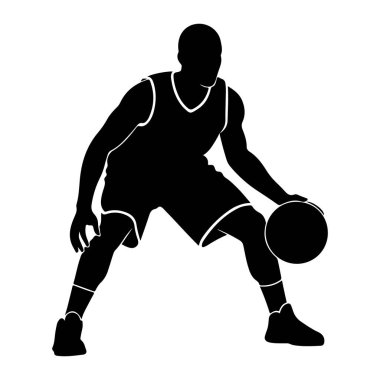 Basketbolcunun hareket halindeki siyah silueti top sürüyor. Oyuncu bir forma ve şort giyiyor, ayaklarında spor ayakkabıları var. Görüntü, sporun temiz ve grafik bir temsilidir..