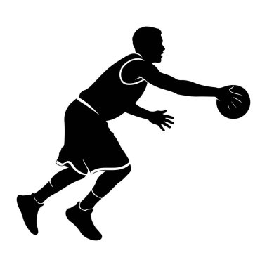 Bir basketbol oyuncusunun silueti hareket halinde, top sürüyor. Oyuncu, çorapları ve ayakkabıları olan bir forma ve şort giyiyor. Şekil yandan tasvir edilir, bir kolu topa doğru uzanır ve diğeri dirseğe doğru eğilir. Şey... 