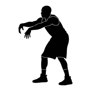 Savunma pozisyonunda bir basketbol oyuncusunun siyah silueti. Oyuncu, dizleri bükük ve kolları açık bir şekilde sola bakıyor. Kolsuz bir forma, şort, çorap ve spor ayakkabısı giyiyorlar. Arka plan bembeyaz..