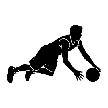 Bir basketbol oyuncusunun hareket halindeki siyah silueti basketbol topuna uzanmak için yere doğru daldı. Oyuncu şortlu ve formalı bir üniforma giyiyor ve vücutları bir eli topa doğru uzanmış şekilde ileri doğru açılı. Görüntü... 